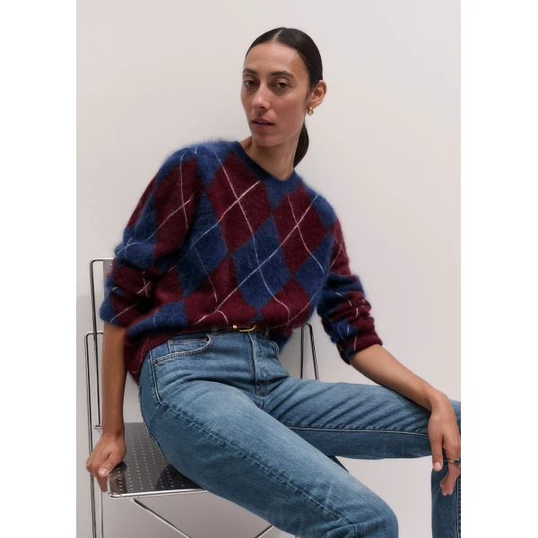 ME+EM Argyle Relaxed Jumper in Bright Navy/Merlot Red, view 2 | Sweaters | Coveti