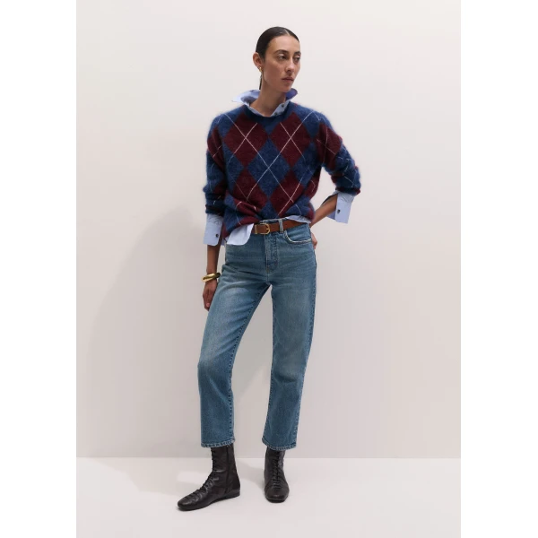 ME+EM Argyle Relaxed Jumper in Bright Navy/Merlot Red, view 4 | Sweaters | Coveti