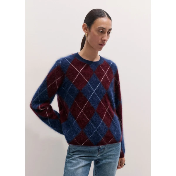 ME+EM Argyle Relaxed Jumper in Bright Navy/Merlot Red, view 6 | Sweaters | Coveti