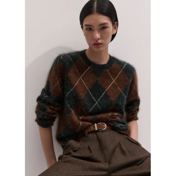 ME+EM Argyle Relaxed Jumper in Pecan Brown Mélange/Charcoal