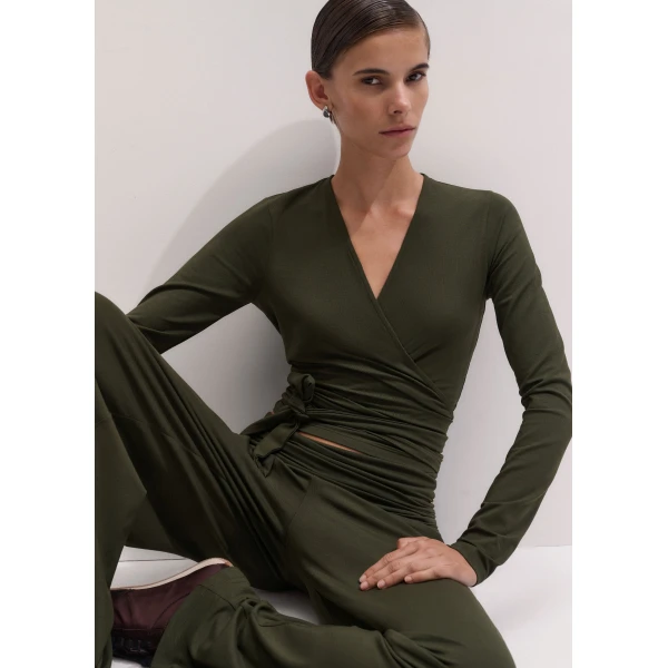 ME+EM Ballet Wrap Top in Rich Olive Green