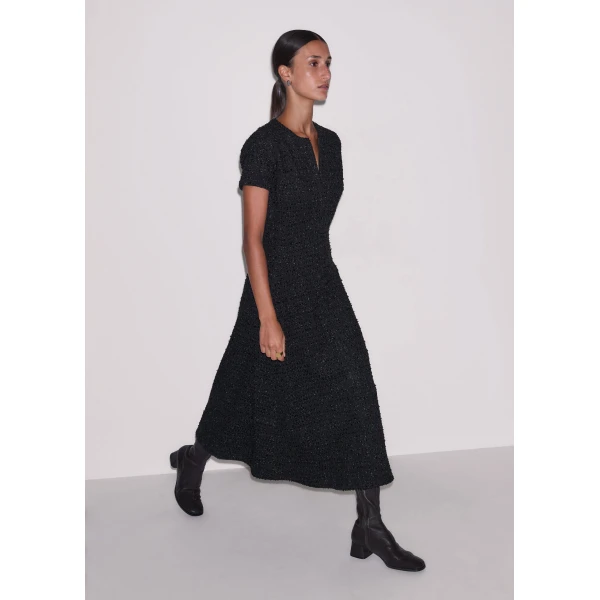 ME+EM Bouclé Jersey Fit + Flare Midi Dress in Black, view 2 | Midi Dresses | Coveti