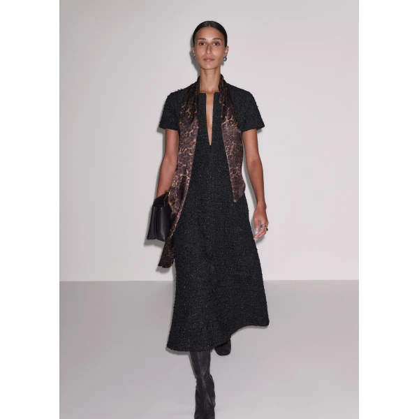 ME+EM Bouclé Jersey Fit + Flare Midi Dress in Black, view 4 | Midi Dresses | Coveti