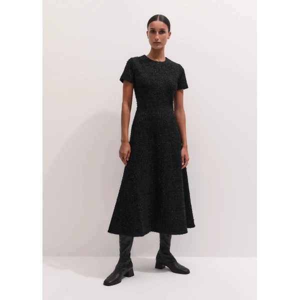 ME+EM Bouclé Jersey Fit + Flare Midi Dress in Black, view 6 | Midi Dresses | Coveti