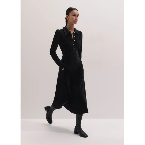 ME+EM Cord Velour Fit + Flare Midi Dress in Black, view 2 | Midi Dresses | Coveti
