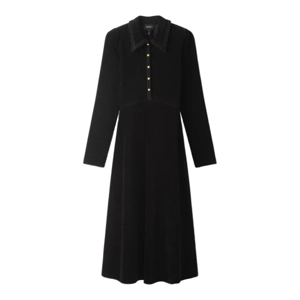 ME+EM Cord Velour Fit + Flare Midi Dress in Black | Midi Dresses | Coveti