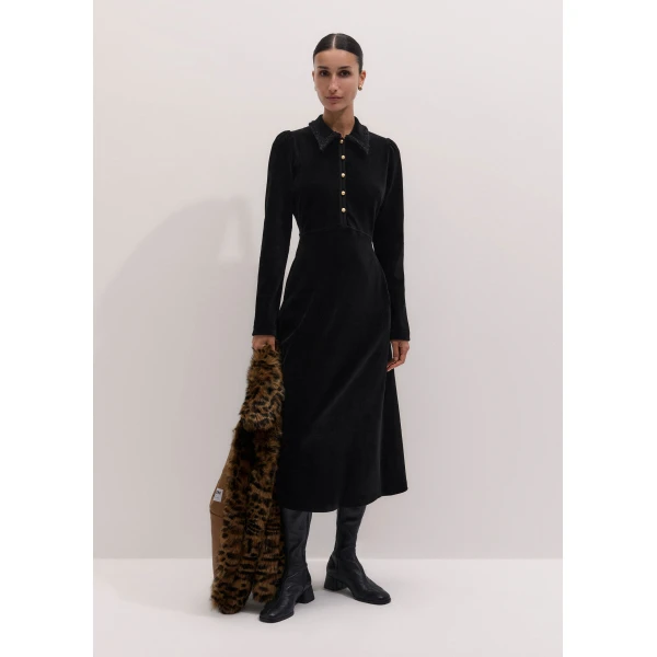 ME+EM Cord Velour Fit + Flare Midi Dress in Black, view 3 | Midi Dresses | Coveti