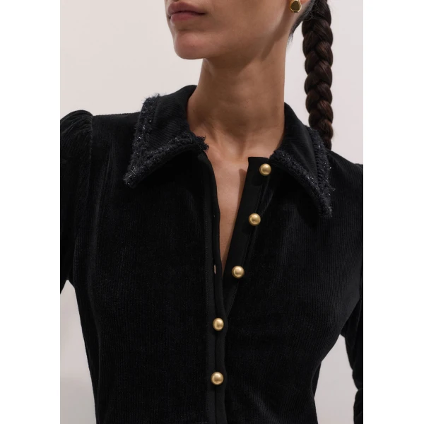 ME+EM Cord Velour Fit + Flare Midi Dress in Black, view 4 | Midi Dresses | Coveti
