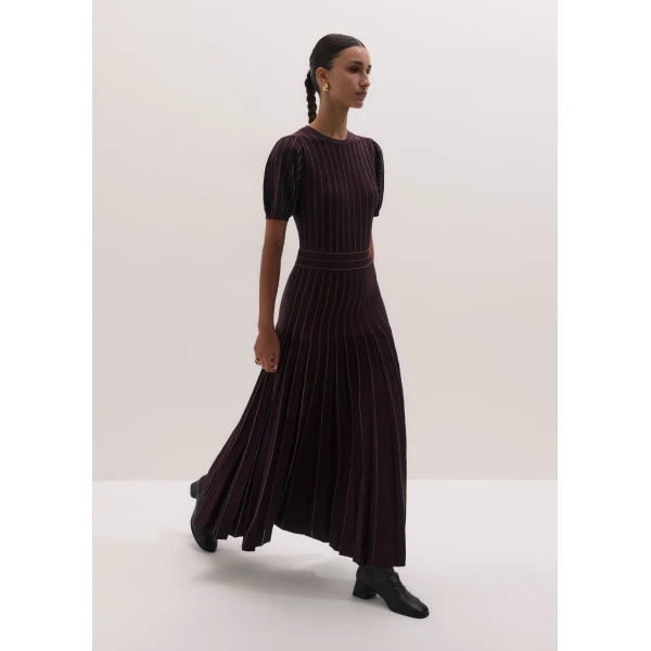 ME+EM Fit + Flare Knit Maxi Dress in Port Brown/Gold, view 2 | Maxi Dresses | Coveti