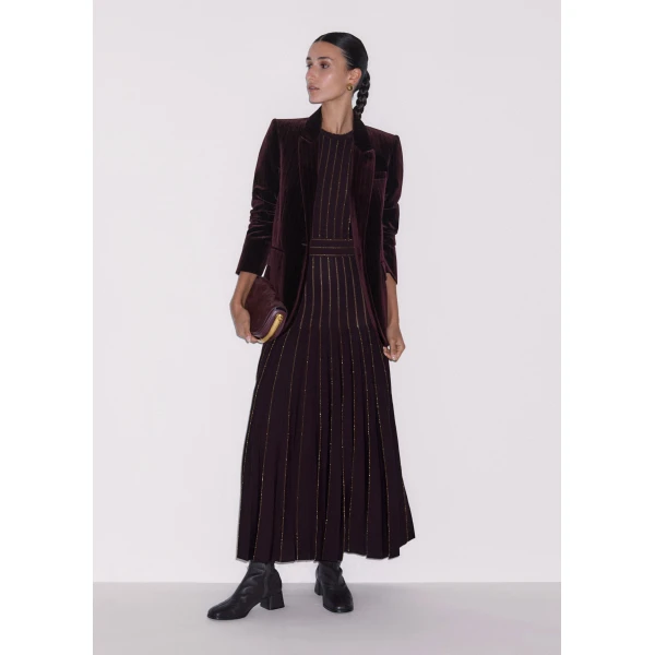 ME+EM Fit + Flare Knit Maxi Dress in Port Brown/Gold, view 4 | Maxi Dresses | Coveti