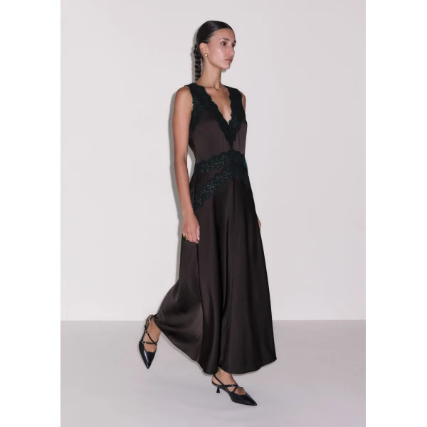 ME+EM Fit + Flare Maxi Slip Dress in Dark Chocolate Brown, view 2 | Maxi Dresses | Coveti