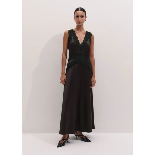 ME+EM Fit + Flare Maxi Slip Dress in Dark Chocolate Brown, view 4 | Maxi Dresses | Coveti