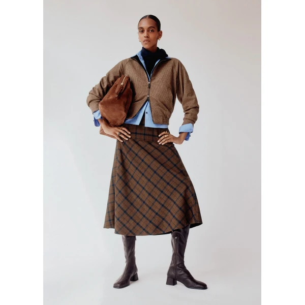 ME+EM Fit + Flare Midi Skirt in Warm Chocolate Multi, view 2 | Midi Skirts | Coveti