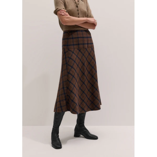 ME+EM Fit + Flare Midi Skirt in Warm Chocolate Multi, view 3 | Midi Skirts | Coveti
