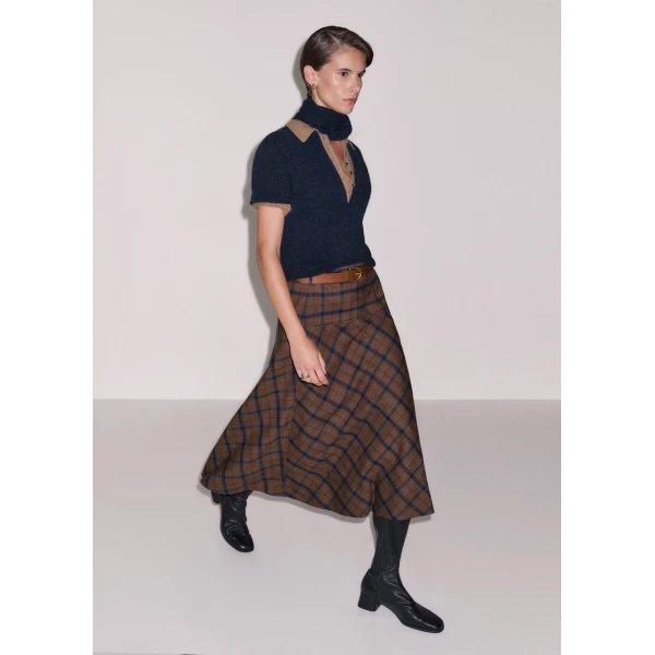 ME+EM Fit + Flare Midi Skirt in Warm Chocolate Multi, view 5 | Midi Skirts | Coveti