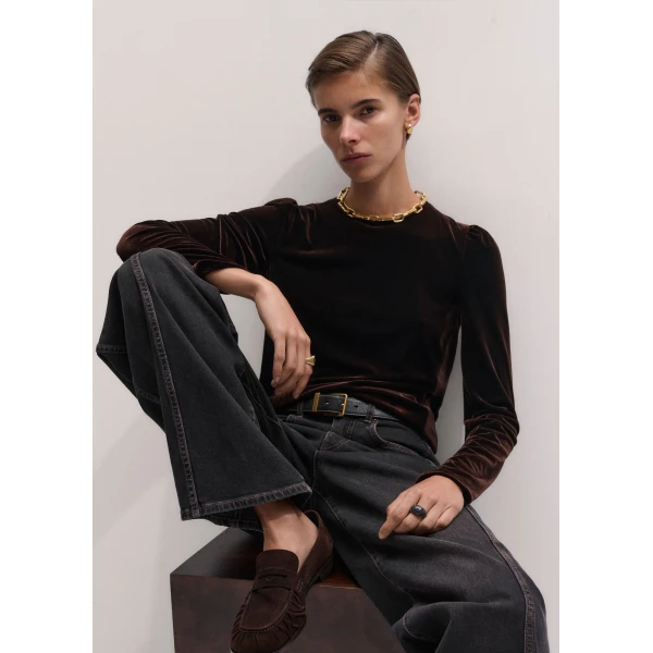 ME+EM Fluid Velour Long Puff Sleeve Top in Dark Chocolate, view 2 | T-shirts | Coveti