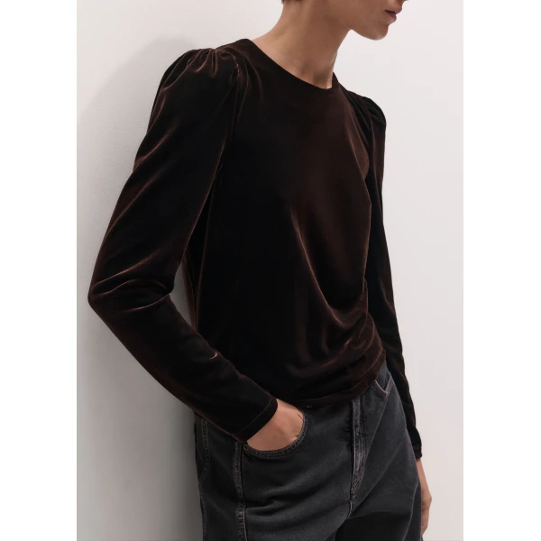 ME+EM Fluid Velour Long Puff Sleeve Top in Dark Chocolate, view 3 | T-shirts | Coveti
