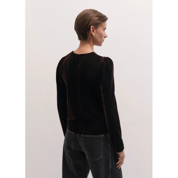 ME+EM Fluid Velour Long Puff Sleeve Top in Dark Chocolate, view 5 | T-shirts | Coveti