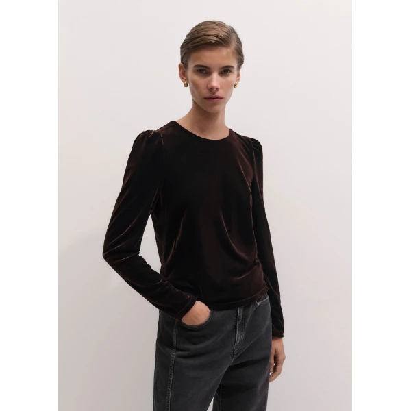 ME+EM Fluid Velour Long Puff Sleeve Top in Dark Chocolate, view 6 | T-shirts | Coveti