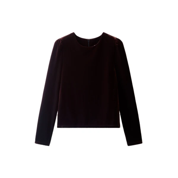 ME+EM Fluid Velour Long Puff Sleeve Top in Dark Chocolate