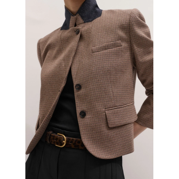 ME+EM Heritage Crop Slim Blazer in Pecan Brown Multi, view 3 | Blazers | Coveti