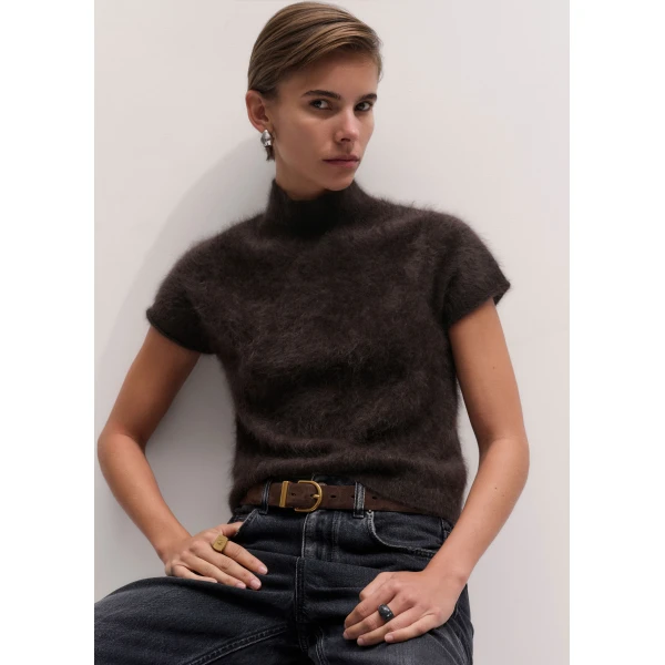 ME+EM High Neck Baby Tee in Dark Chocolate Brown, view 2 | Sweaters | Coveti