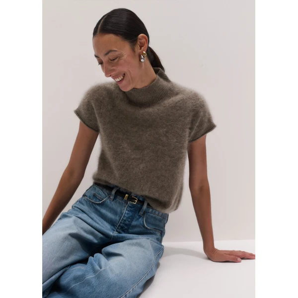 ME+EM High Neck Baby Tee in Heather Brown Mélange, view 2 | T-shirts | Coveti