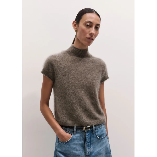 ME+EM High Neck Baby Tee in Heather Brown Mélange, view 5 | T-shirts | Coveti