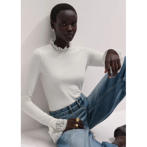 ME+EM Lace Cuff Layering Top in Light Cream, view 2 | Lace | Coveti