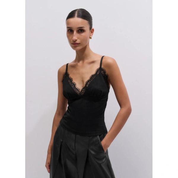 ME+EM Lace Trim Cami Top in Black, view 4 | Camisoles | Coveti
