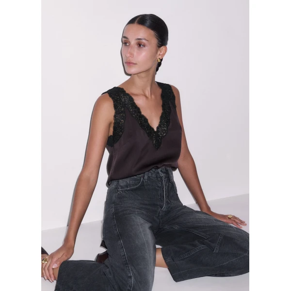 ME+EM Lace Trim Cami Top in Dark Chocolate/Black, view 2 | Tops | Coveti
