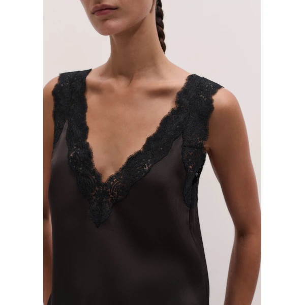 ME+EM Lace Trim Cami Top in Dark Chocolate/Black, view 3 | Tops | Coveti