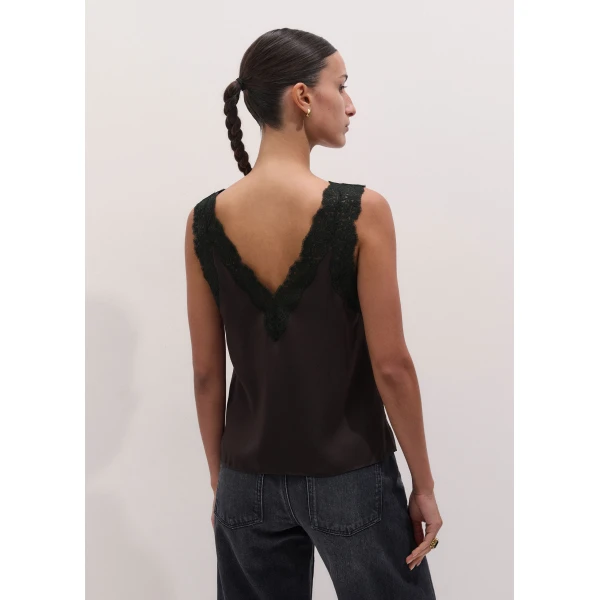 ME+EM Lace Trim Cami Top in Dark Chocolate/Black, view 5 | Tops | Coveti