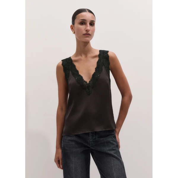 ME+EM Lace Trim Cami Top in Dark Chocolate/Black, view 6 | Tops | Coveti