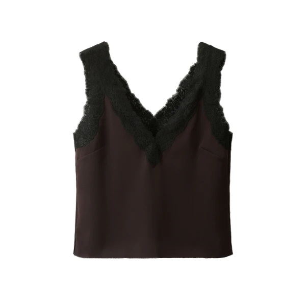 ME+EM Lace Trim Cami Top in Dark Chocolate/Black | Tops | Coveti
