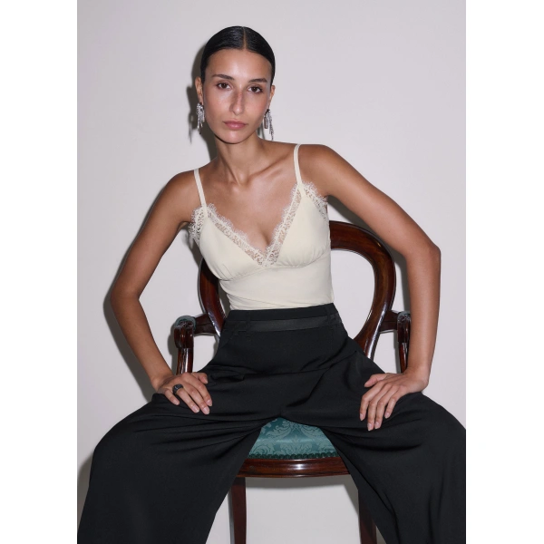 ME+EM Lace Trim Cami Top in Light Cream, view 2 | Camisoles | Coveti