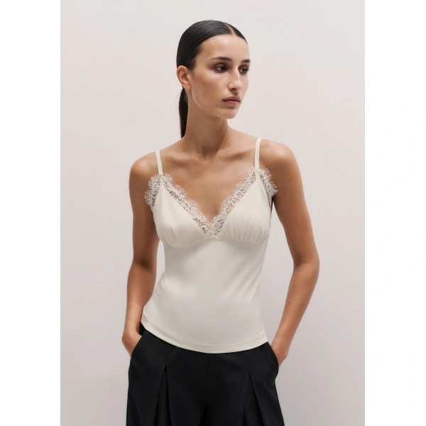 ME+EM Lace Trim Cami Top in Light Cream, view 6 | Camisoles | Coveti