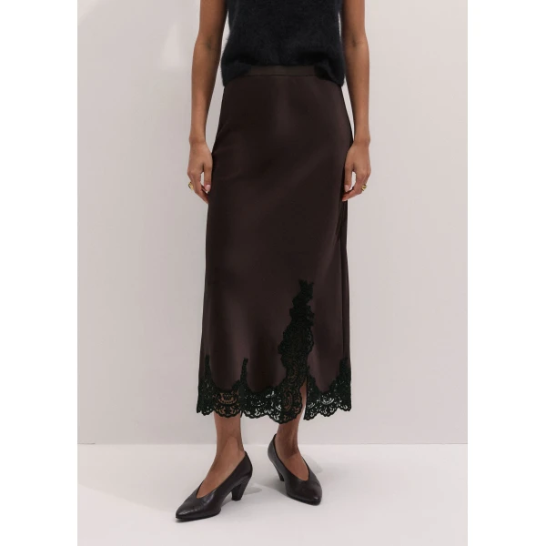 ME+EM Lace Trim Maxi Skirt in Dark Chocolate/Black, view 3 | Maxi Skirts | Coveti