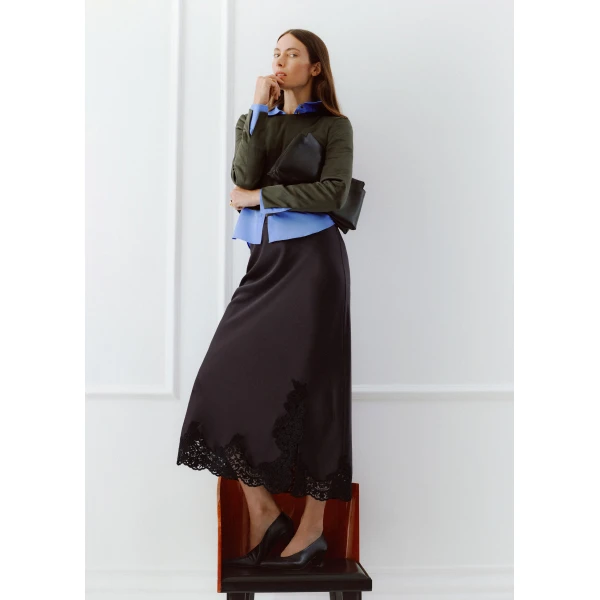 ME+EM Lace Trim Maxi Skirt in Dark Chocolate/Black, view 4 | Maxi Skirts | Coveti