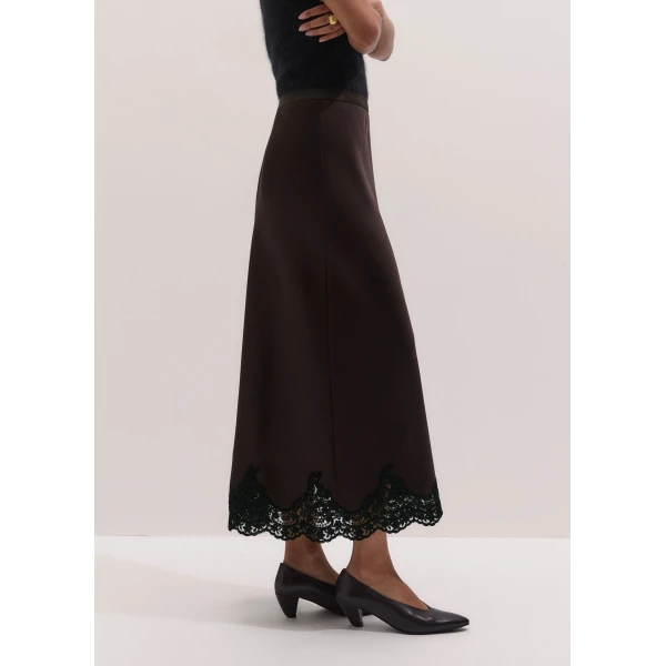 ME+EM Lace Trim Maxi Skirt in Dark Chocolate/Black, view 6 | Maxi Skirts | Coveti
