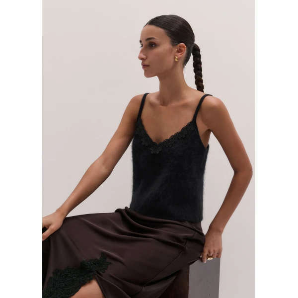ME+EM Lace Trim Slim Knit Vest in Black, view 2 | Sweaters | Coveti