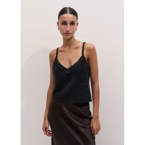 ME+EM Lace Trim Slim Knit Vest in Black, view 6 | Sweaters | Coveti