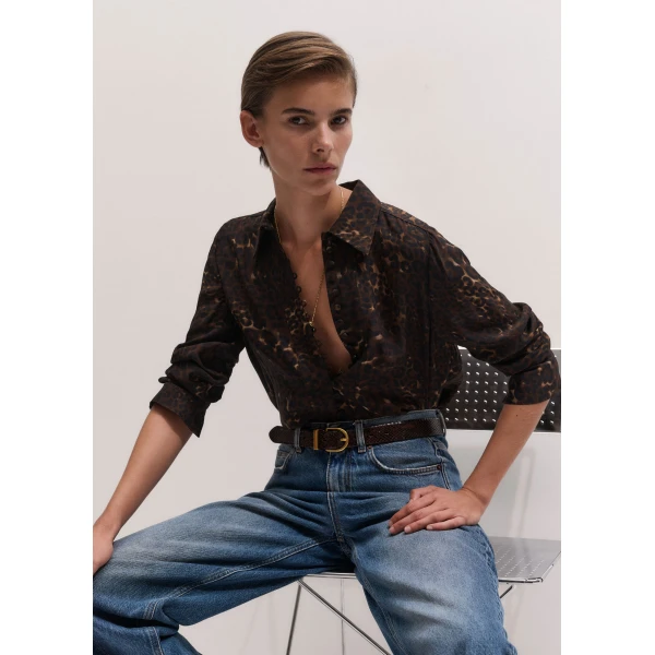 ME+EM Leopard Print Straight Blouse in Brown Multi, view 2 | Blouse | Coveti