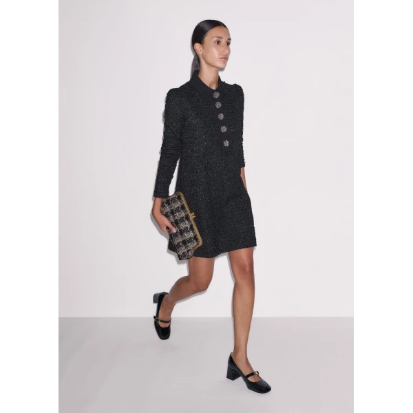 ME+EM Lurex Boucle Statement Button Mini Dress in Black, view 2 | Mini Dresses | Coveti