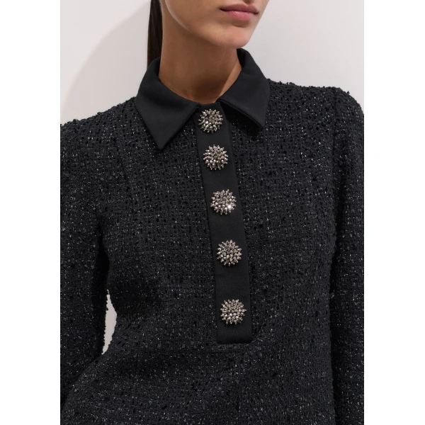 ME+EM Lurex Boucle Statement Button Mini Dress in Black, view 3 | Mini Dresses | Coveti