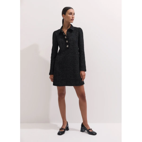 ME+EM Lurex Boucle Statement Button Mini Dress in Black, view 6 | Mini Dresses | Coveti