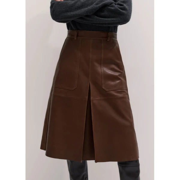 ME+EM Luxe Pleat Midi Skirt in Pecan Brown