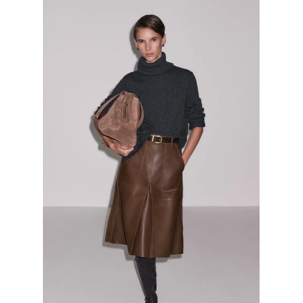 ME+EM Luxe Pleat Midi Skirt in Pecan Brown