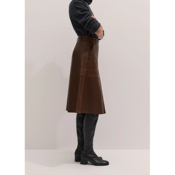 ME+EM Luxe Pleat Midi Skirt in Pecan Brown