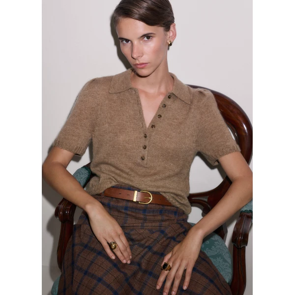 ME+EM Pouf Sleeve Knit Tee in Camel, view 2 | Sweaters | Coveti